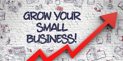 Grow Your Small Business - Modern Line Style Illustration with Hand Drawn Elements. Grow Your Small Business Inscription on Modern Line Style Illustation. with Red Arrow and Doodle Icons Around. 3d.