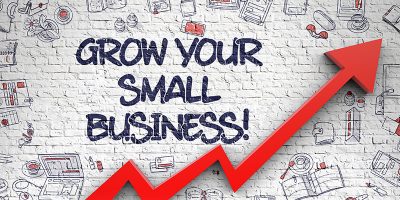 Grow Your Small Business Drawn on White Brick Wall. 3d. Grow Your Small Business - Modern Line Style Illustration with Hand Drawn Elements. Grow Your Small Business Inscription on Modern Line Style Illustation. with Red Arrow and Doodle Icons Around. 3d.